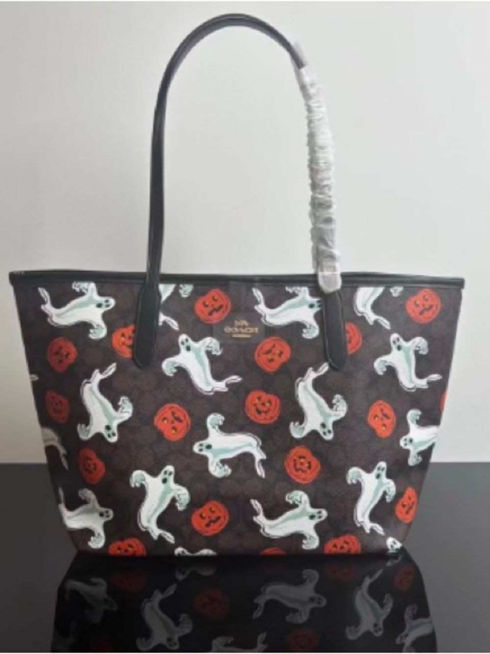 Coach Halloween Ghost & Pumpkin Tote Bag in Brown/White/Orange